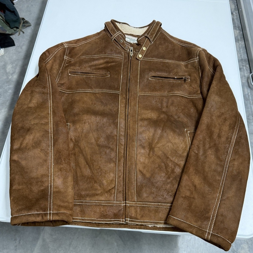 Guess Faux Suede Jacket Mens XL Brown Excellent Sherpa Lined Moto Zip Up